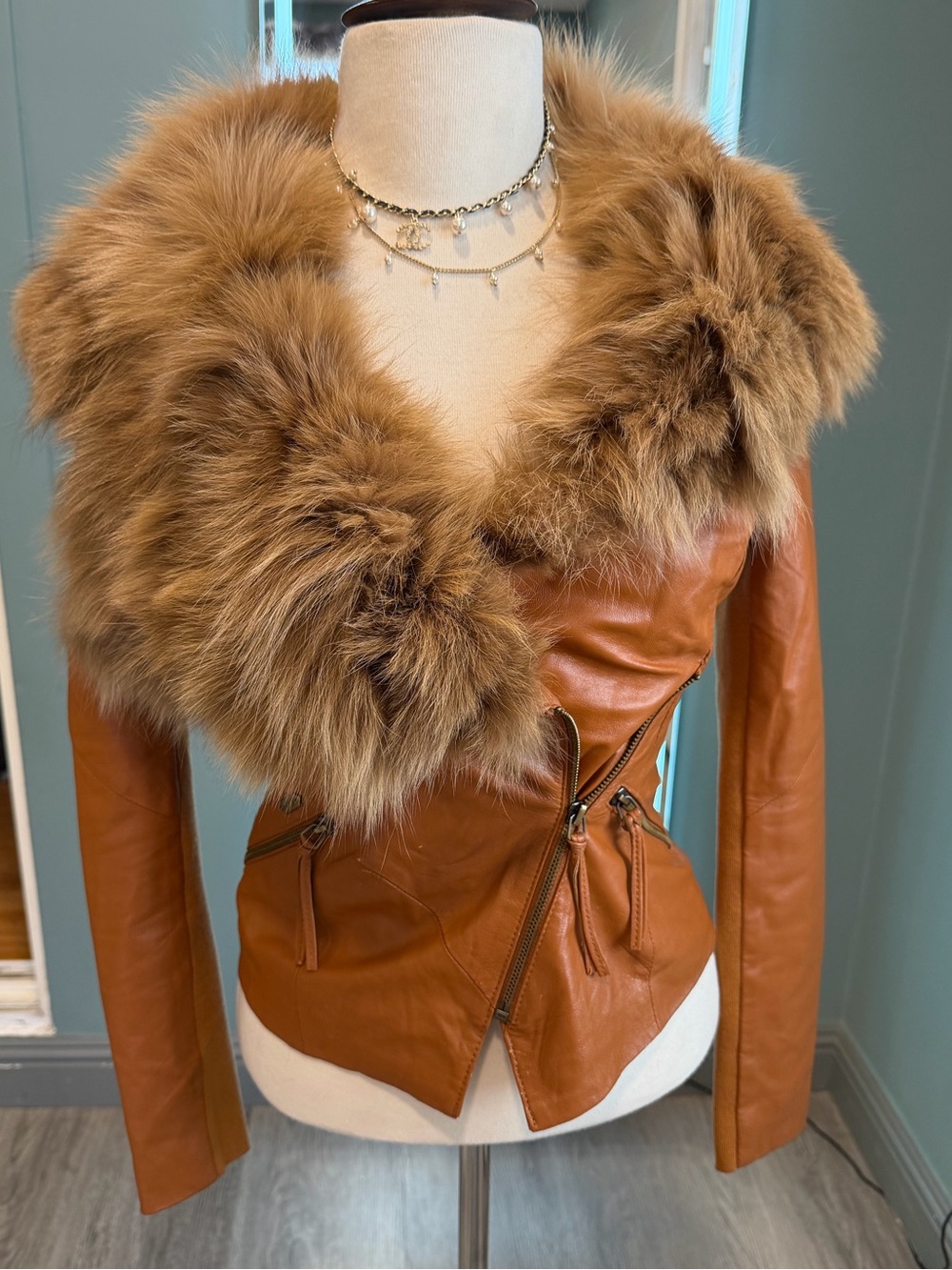 Vintage ONLY Real Fox Fur Collar Lamb Leather Jacket Y2K Moto XS/S